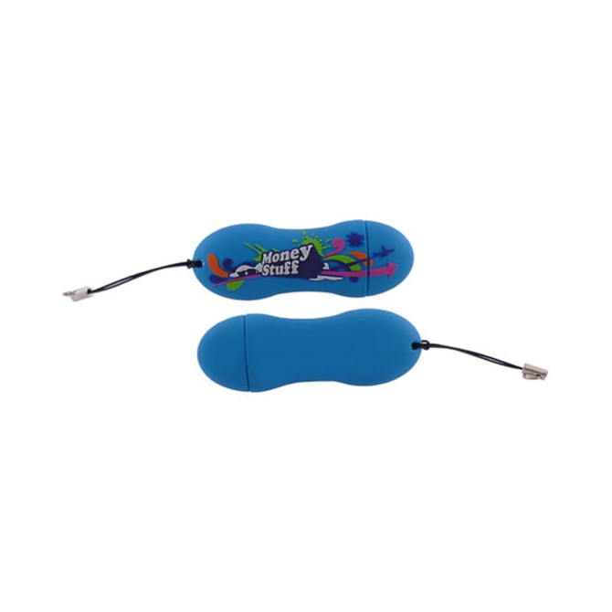A blue custom moulded flash drive with a playful design and attached strap, featuring a logo.