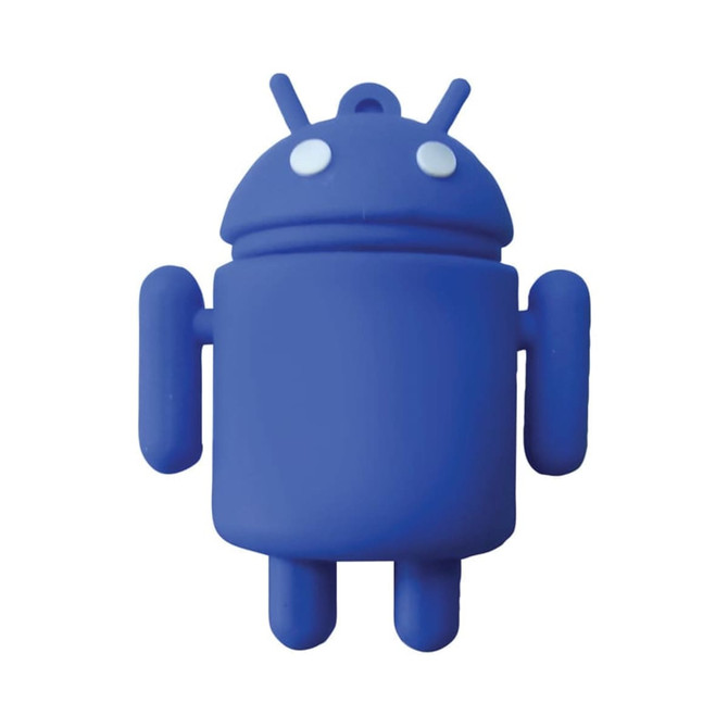 A blue custom moulded flash drive shaped like a robot, featuring small white eyes and arms. It has a logo on it.