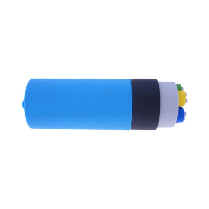 A blue custom moulded flash drive with a black band and colourful end caps in green, yellow, and blue.