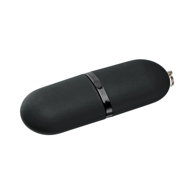 A dark green flash drive with a smooth texture, featuring a black band and a small keyring attachment.