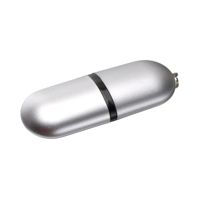 A silver flash drive with a sleek, oval design and a black accent band in the centre, featuring a branding logo.