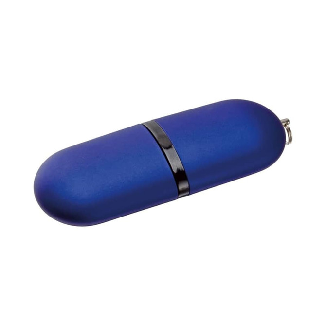 A blue flash drive with a sleek, oval design and a black connector band. It features a branding logo.