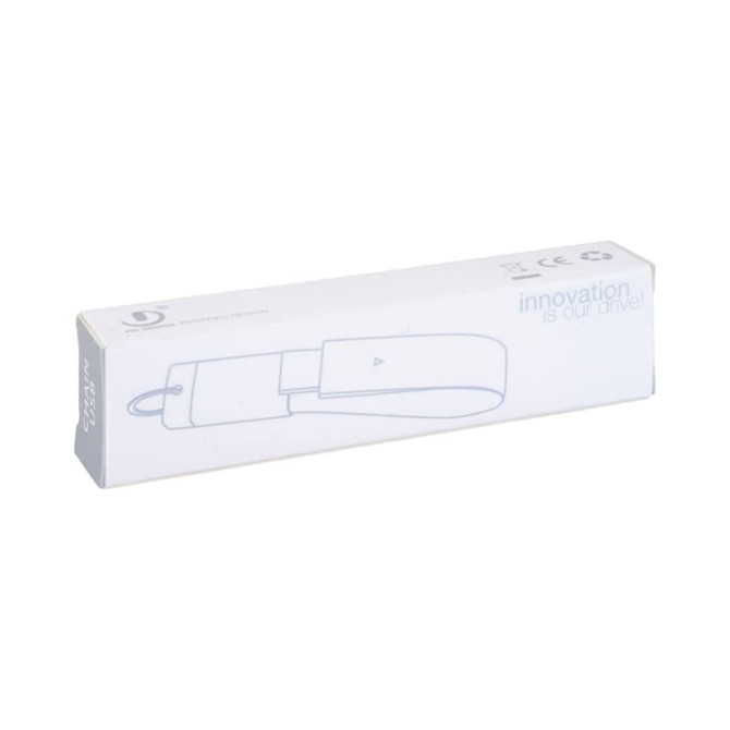 A white box containing a chain USB flash drive, featuring a sleek design and a logo on the packaging.