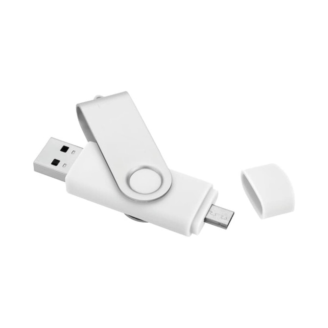 A white flash drive with a swivel cap, featuring a USB connector and a micro USB end. It has a logo.