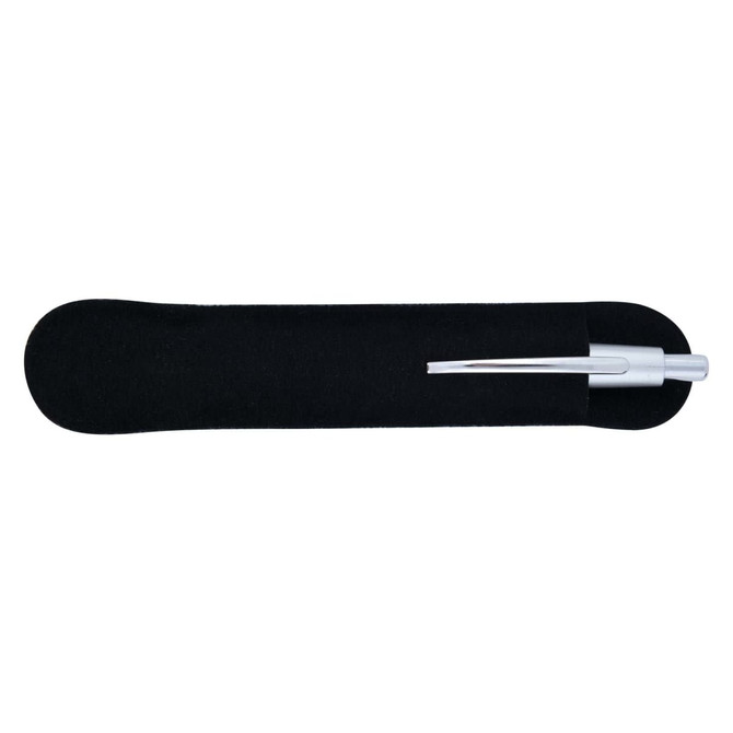 A sleek metal pen with a silver finish, accompanied by a black pouch for storage.