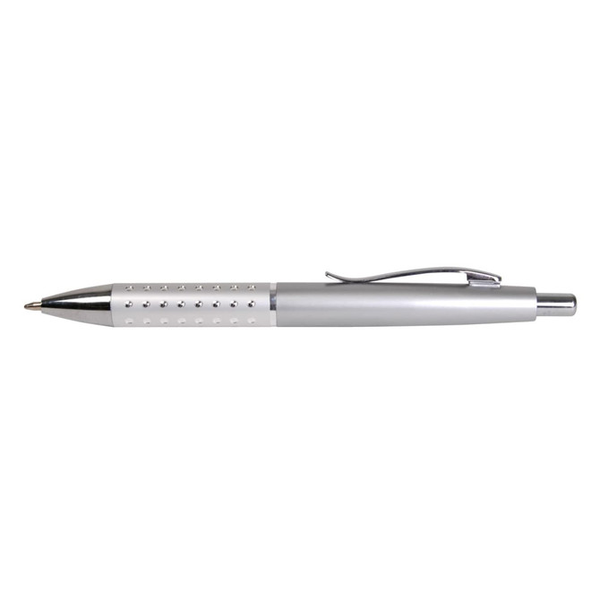 A metal pen with a sleek silver design and a textured grip featuring small holes.
