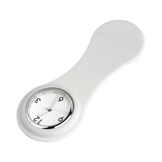 A white nurse watch with a round face and silver accents. The watch features clear hour markers and a sleek design.