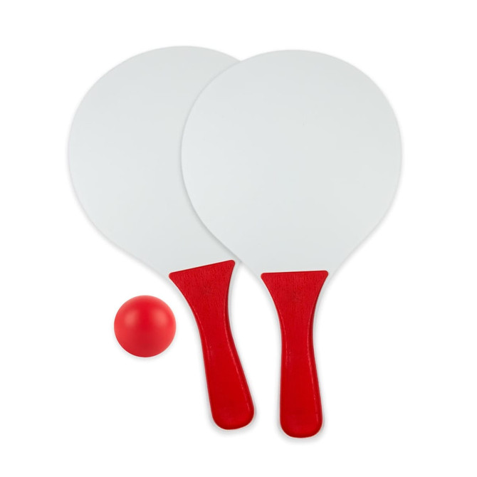 A bat and ball set featuring two white paddles with red handles and a small red ball, alongside a logo.