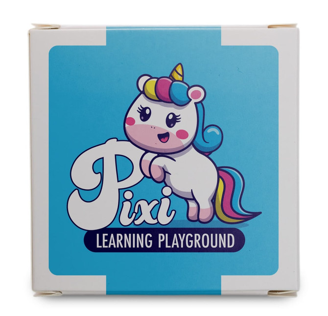 A box featuring a cartoon unicorn with a colourful mane, labelled "Pixi Learning Playground." 