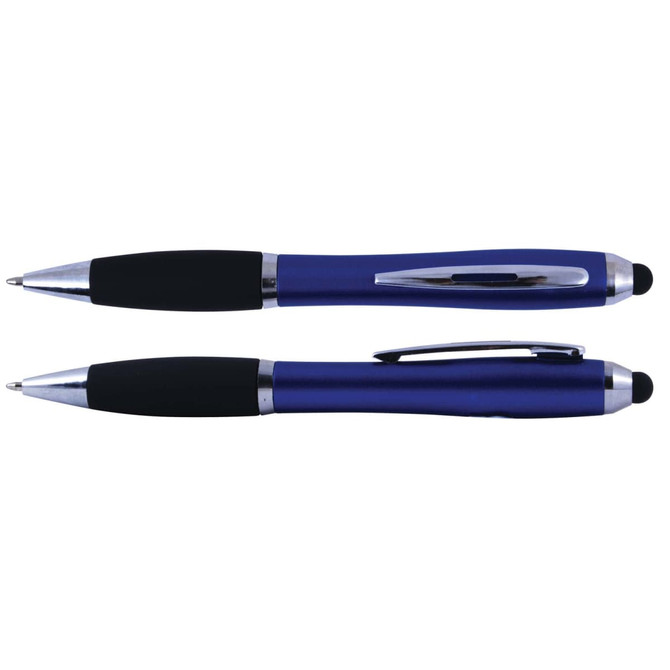 A blue pen and stylus with a black grip and silver accents. The stylus tip is on one end.