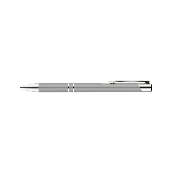 A metal pen in silver with a sleek design and a small branding logo.