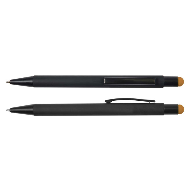 A black stylus pen featuring a gold tip and a sleek design, complete with a clip for easy attachment.
