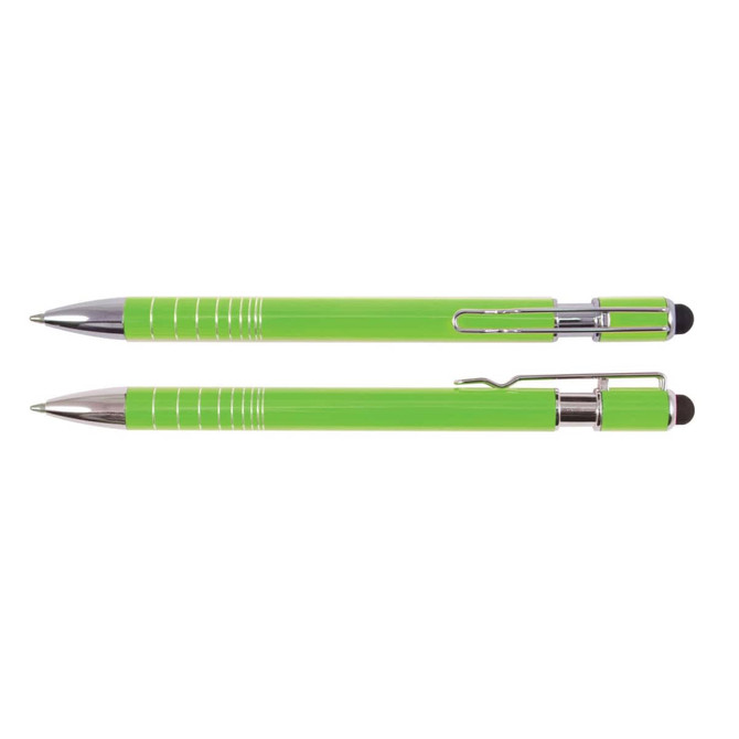 A green pen and stylus set with a shiny silver clip and accents, featuring a sleek design.