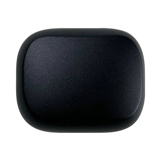 A black charging case for TWS earbuds, featuring a smooth surface and rounded edges, includes a logo.