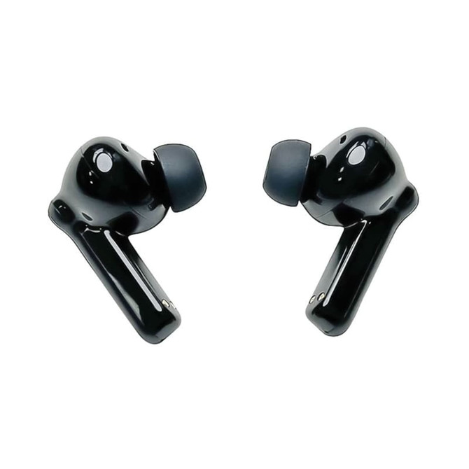 A pair of black eco-friendly true wireless earbuds with a glossy finish and silicone ear tips.