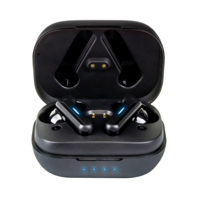 A pair of black Linz Eco TWS earbuds in a charging case, featuring a logo and indicator lights on the front.