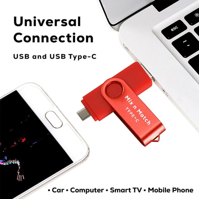 A red Mix N Match Type-C flash drive is connected to a laptop, with a smartphone displayed beside it.