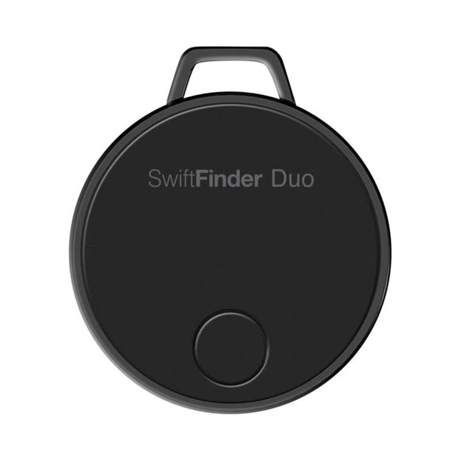 A black circular tracker featuring a handle and a plain surface with a logo.