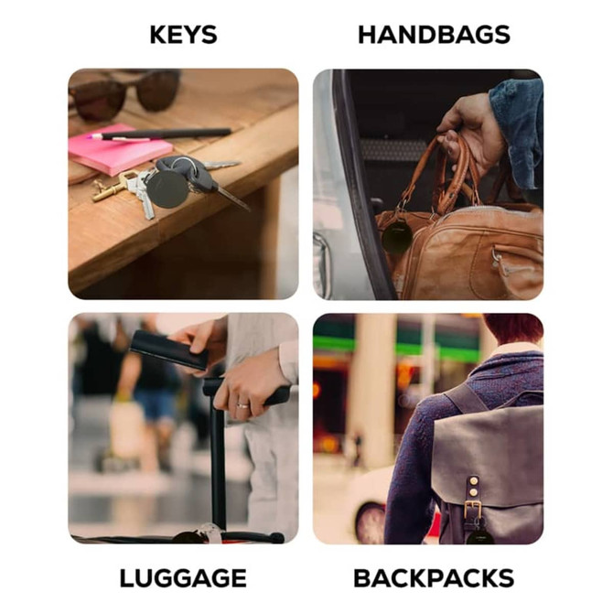 A collage featuring keys, handbags, luggage, and backpacks, all showcasing various everyday items.