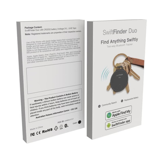 A product package for the SwiftFinder Duo Smart Global Tracker, featuring a black Bluetooth tracker. Includes branding and icons.