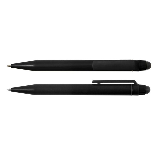 A sleek black pen and stylus combination, featuring a smooth design and a clip for easy attachment.