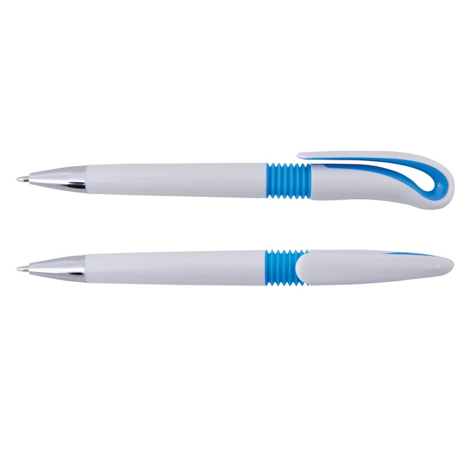 A collection of plastic pens in white with blue accents, one featuring a distinctive hook design.