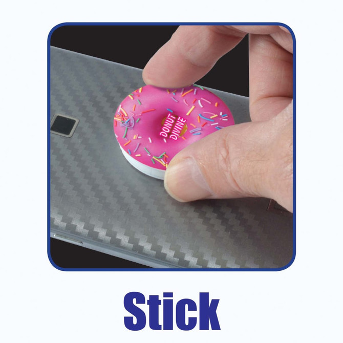 A phone grip featuring a colorful donut design with sprinkles, designed to be stuck on the back of a smartphone.