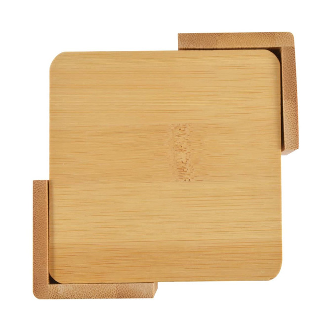 A set of six bamboo coasters in a natural wood color with a simple, square design and a branding logo.