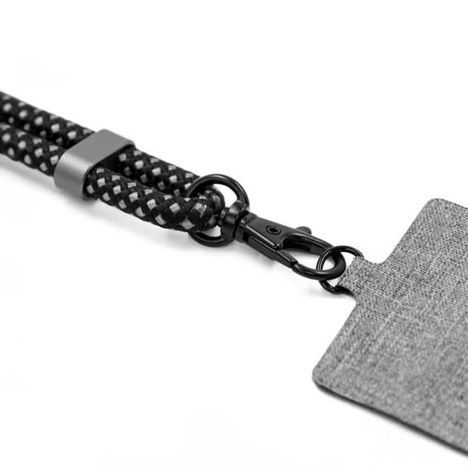 A black and grey textured phone strap with a clip attachment and a flat badge holder. Features a braided design.