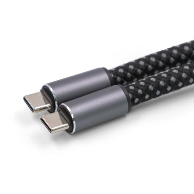A braided charging cable with two grey USB-C connectors on each end, featuring a black and grey woven design.