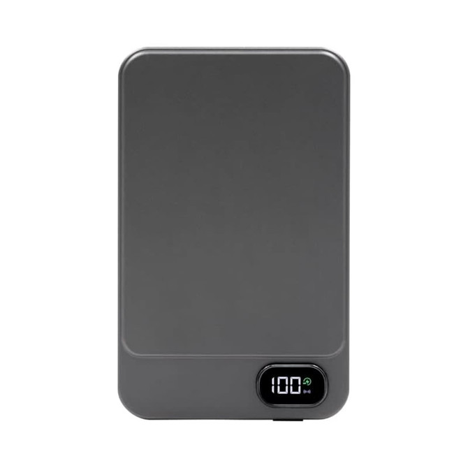 A grey magnetic wireless power bank featuring a digital display. It has a minimalist design and includes a logo.