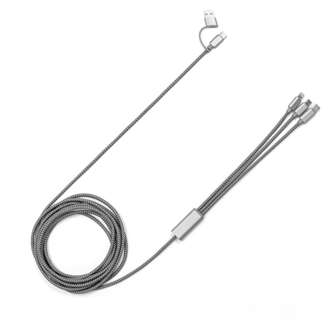 A grey eco-friendly charging cable with three connectors and a sturdy braided design. Features a logo on the connector.