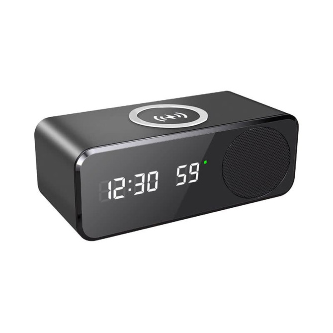 A black wireless charging speaker featuring a digital clock display and a speaker grille. It has a logo on the front.