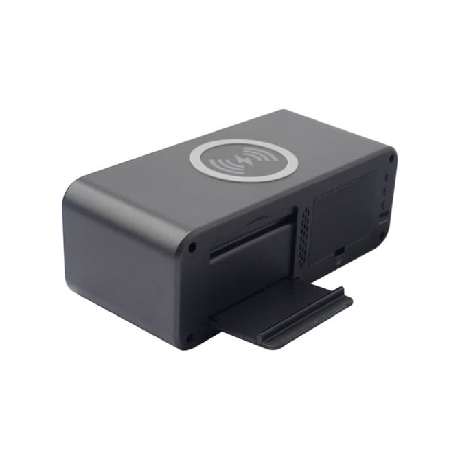 A black wireless charging speaker with a sleek design and a wireless charging pad on top.