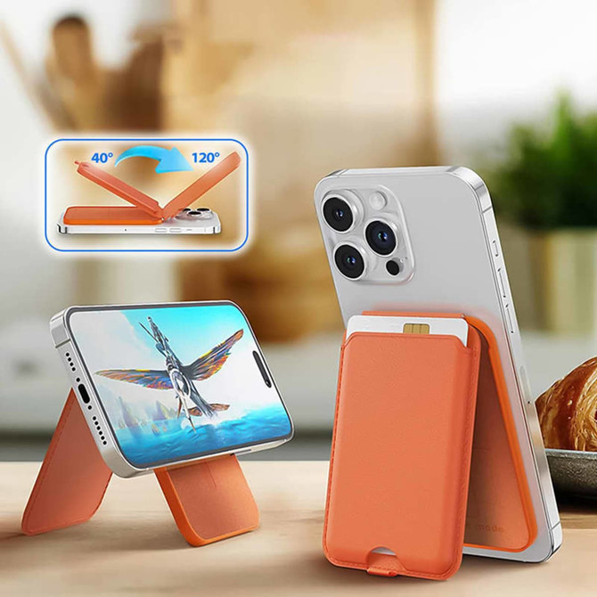 An orange magnetic card wallet stand attached to a phone, displaying a vivid image on the screen.