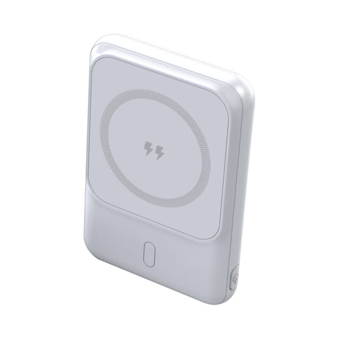 A white MagSafe power bank with a circular design and a logo, featuring a 5000 mAh capacity.