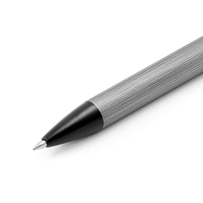 A sleek metal pen in silver with a black tip, featuring a textured barrel and a logo.