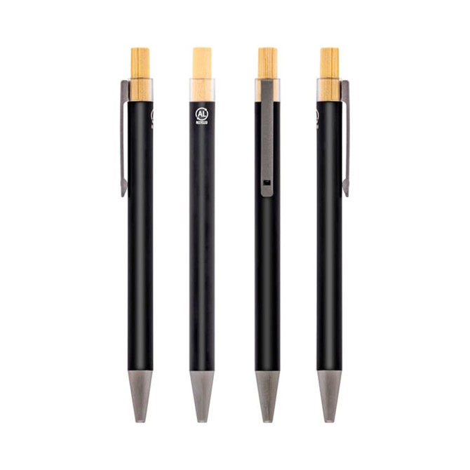 A collection of four eco-friendly pens featuring a black barrel and bamboo accents, each with a metal clip.