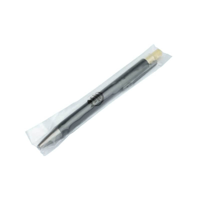 A black eco-friendly pen packaged in clear plastic, featuring a gold top and a logo.