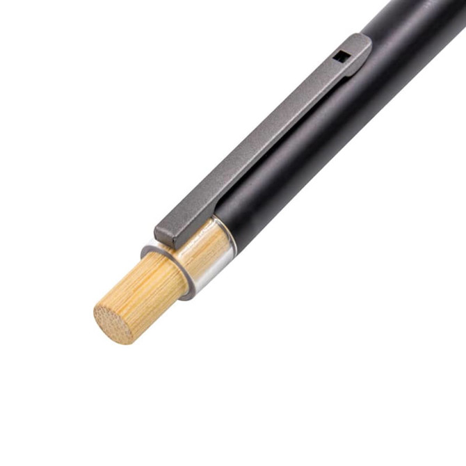 A black eco pen with a bamboo tip and a metallic clip. It features a logo on the barrel.
