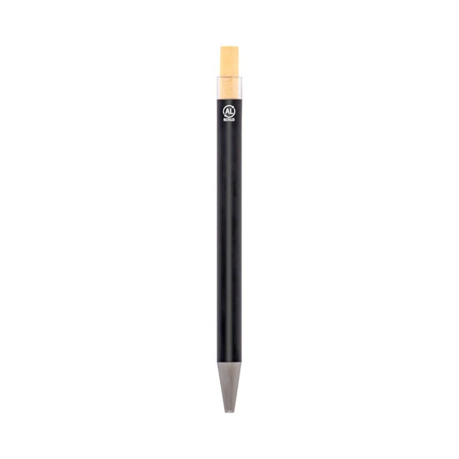 A black eco pen with a wooden tip and a logo on its body. The pen features a sleek, minimalist design.