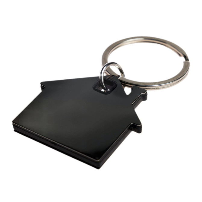 A house-shaped stainless steel keytag with a keyring attached.