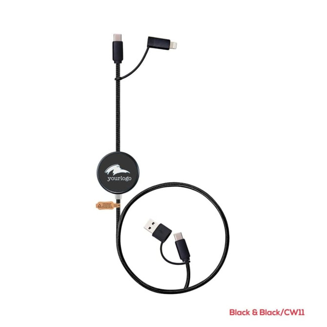 A black 60W fast charge and data sync LED charging cable with multiple connectors and a round branding logo.