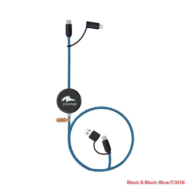 A black and blue braided charging and data sync cable with a retractable design and a logo.