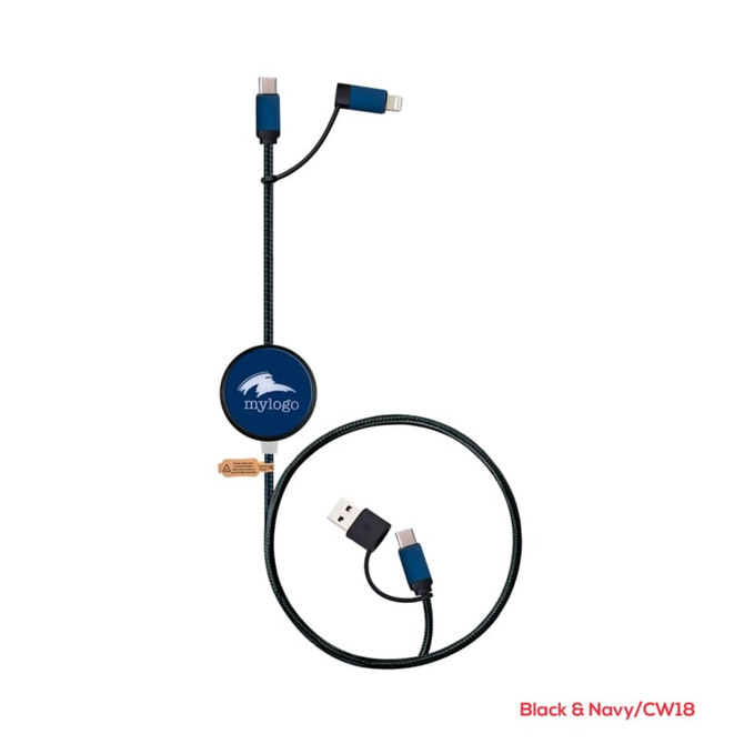 A retractable charging cable in black and navy with a circular logo on one end and multiple connectors.