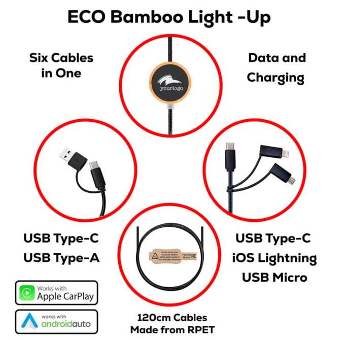 A data and charging cable set featuring six cables in black, including USB Type-C, USB Type-A, and iOS Lightning connectors.