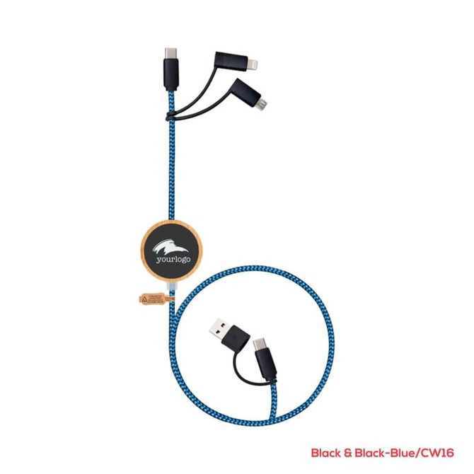A charging cable with three connectors and a blue braided design, featuring a logo on a circular attachment.