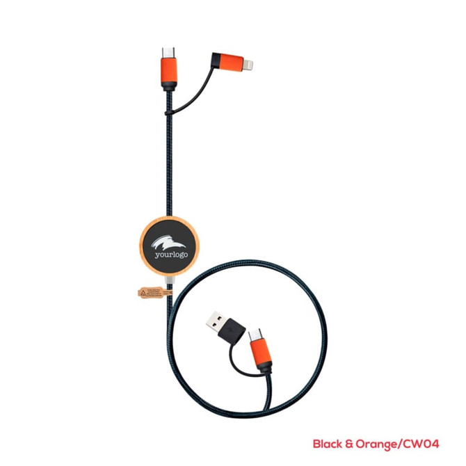 A black and orange LED charging and data sync cable with multiple connectors, featuring a logo.