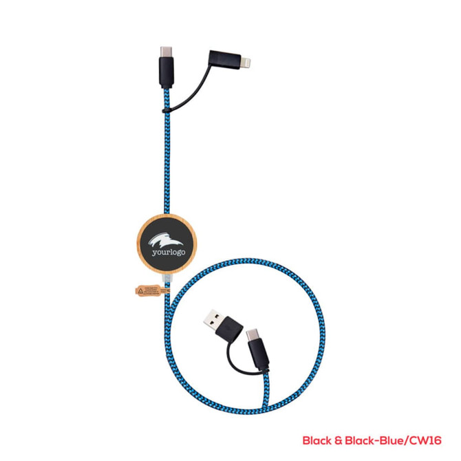 A black and blue braided charging cable with connectors for multiple devices and a circular branding logo.