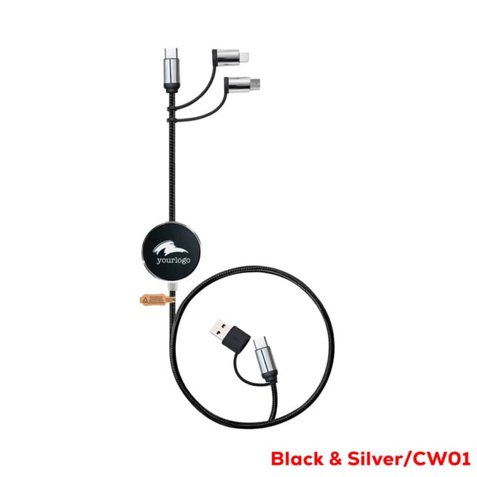 A black and silver LED charging cable with multiple connectors and a retractable design. It includes a logo.